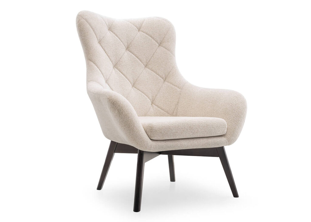 Scandinavian wingback armchair Car with modern stitching and wooden legs