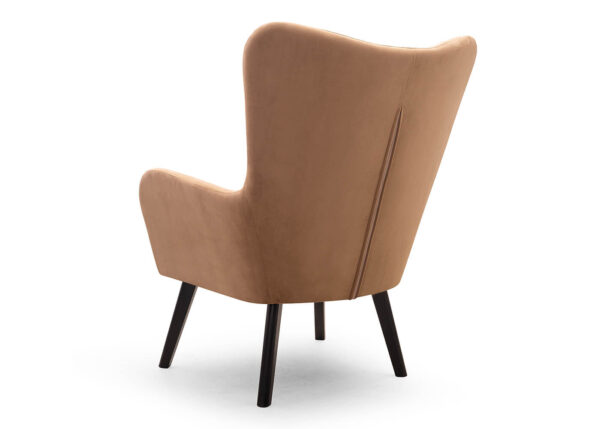 Scandinavian wingback armchair Tedi with wooden legs and elegant backrest stitching