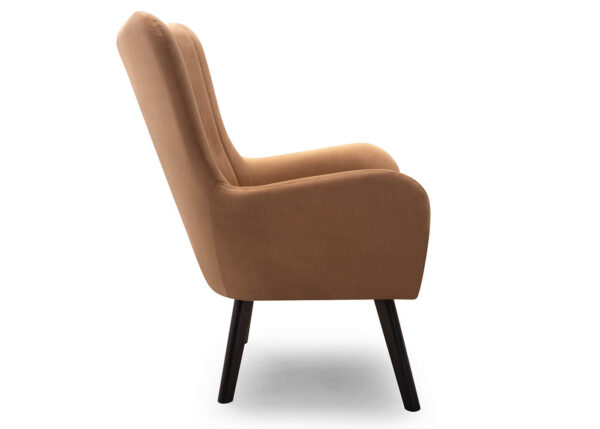 Side view of the Scandinavian wingback armchair Tedi showcasing its classic design and soft seat