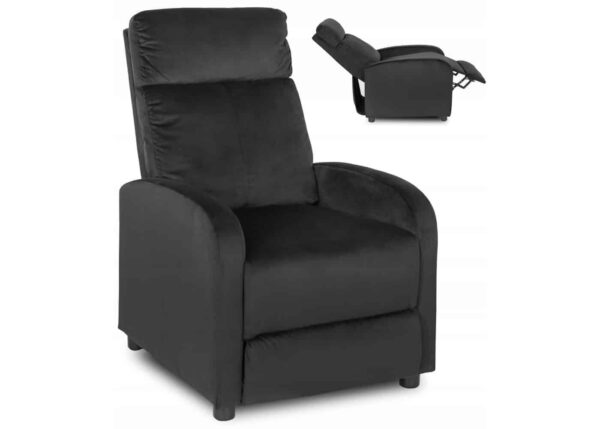 Vaco Armchair in Black Velvet with Reclining Footrest Extended