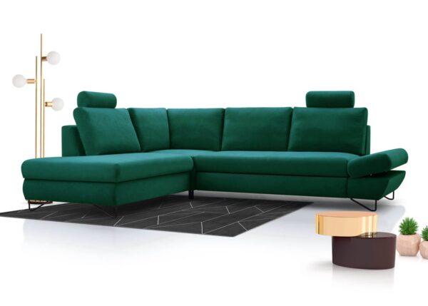 Lofi II corner sofa with black metal legs and adjustable armrests in a modern living room.