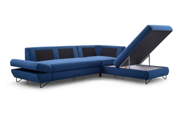 Lofi II corner sofa with spacious bedding storage compartment open.