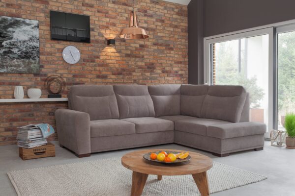 Level corner sofa bed with high backrest and storage
