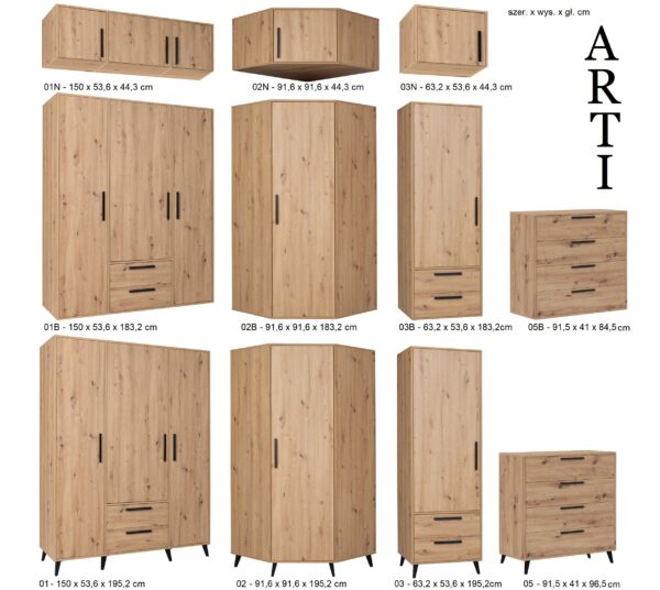 Individual modules of ARTI 4 wardrobe set components