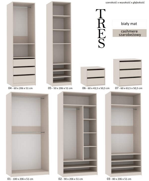 Technical drawing showing TRES 04 wardrobe column dimensions and structure
