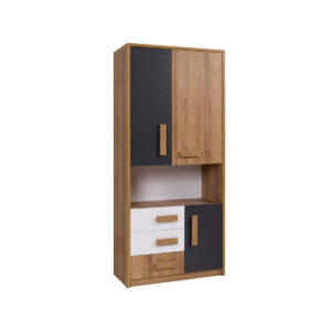 Full view of QUATRO 03 large storage cabinet, golden riviera oak, white, graphite.