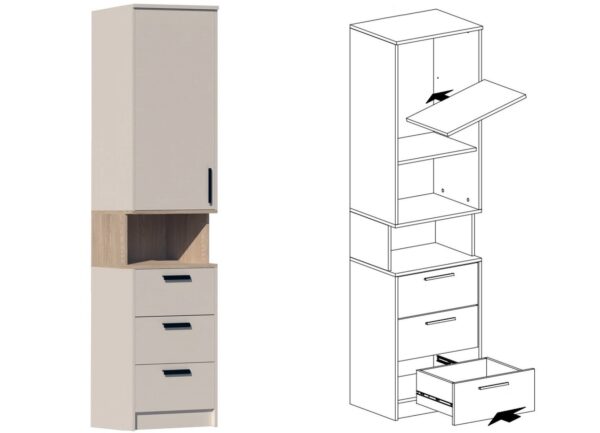 GRANT 22 tall shelf unit with drawers, shelves, and doors
