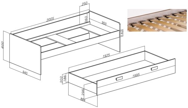 Technical sketch of GRANT 09 single bed with dimensions and drawer detail.