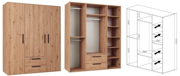 ARTI 01B three-door wardrobe with drawers and shelves for living room.