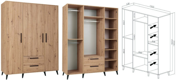 ARTI 2 three-door wardrobe with drawers, shelves, and rods
