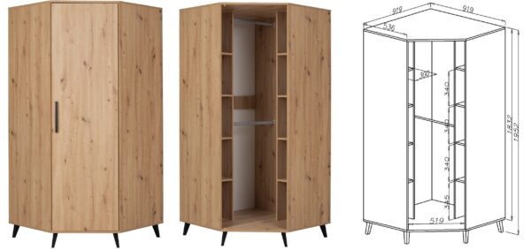 Interior and exterior of ARTI 2 corner wardrobe with shelves