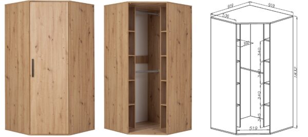 Open ARTI 02B corner wardrobe interior with shelves and rods