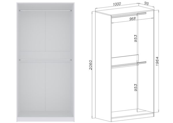 Full view of white TRES 01 open wardrobe for bedroom
