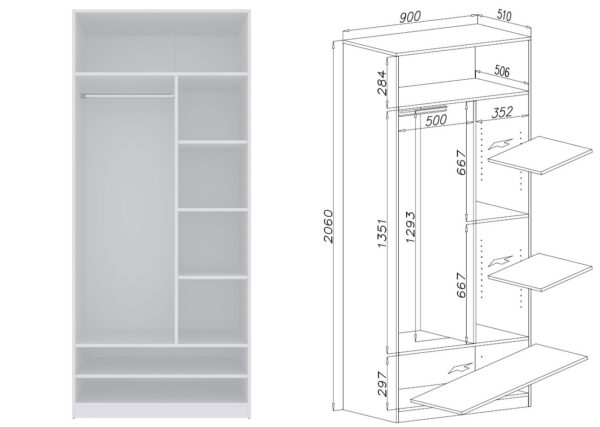 Interior view of TRES 02 open wardrobe showing shelves and rail.