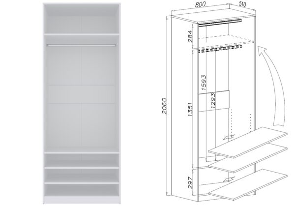 Detailed view of TRES 03 80 open wardrobe, showing interior shelves and rail.