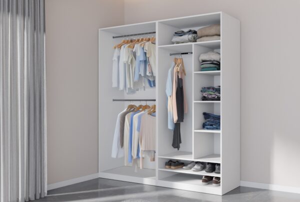 Compact TRES 02 open wardrobe, 190cm wide, with shelves and rail.