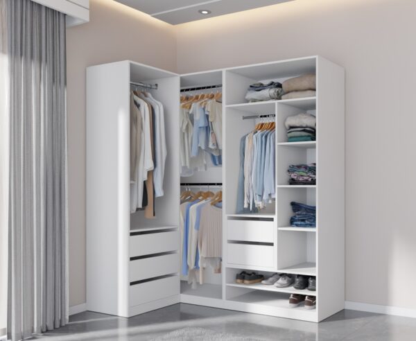 White TRES corner wardrobe unit for spacious walk-in closets