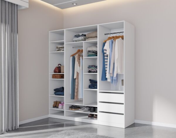 Full white TRES series walk-in closet system with multiple open columns
