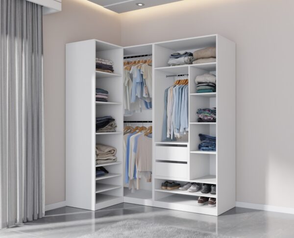 Large TRES 05 corner wardrobe system featuring open shelves