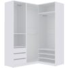 L-shaped TRES open wardrobe system, white, with various storage configurations.