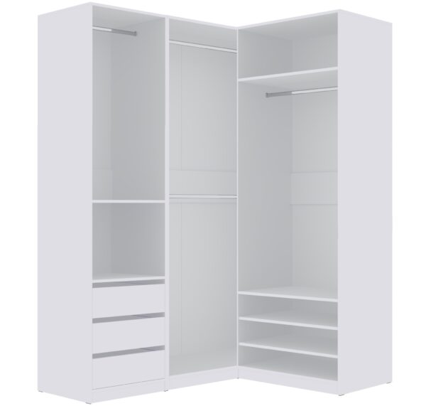 L-shaped TRES open wardrobe system, white, with various storage configurations.