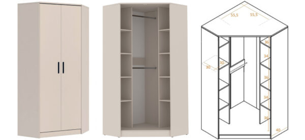 Detailed interior view and dimensions of GRANT 08 corner wardrobe.