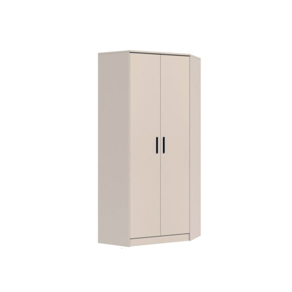 GRANT 08 corner wardrobe in cashmere, open, showing shelves and rail