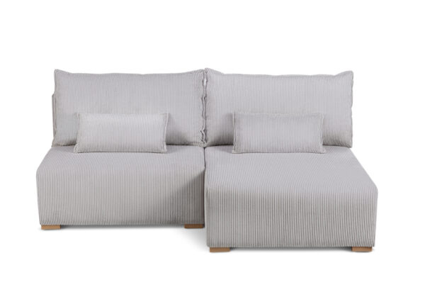 Modern Scandi corner sofa with integrated bedding storage, natural wooden legs