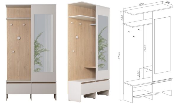 NEL P wardrobe open mirror with hanging rail and shelves