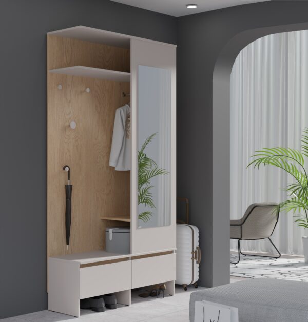 Detail of NEL P shoe cabinet with downward-opening flaps