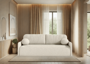 Elegant Anabell boucle sofa bed in a modern living space.