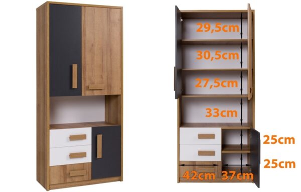 QUATRO 03 storage unit with open drawers and doors, revealing interior shelves.