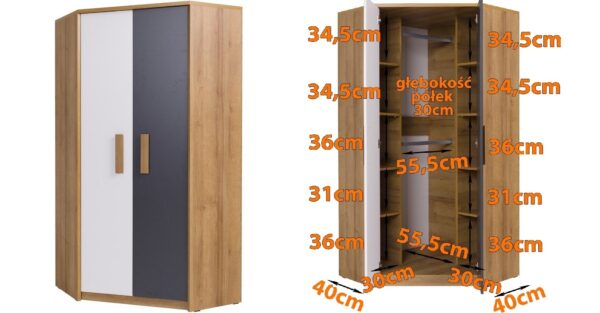 Interior of QUATRO 08 corner wardrobe, showing shelves and hanging rods.