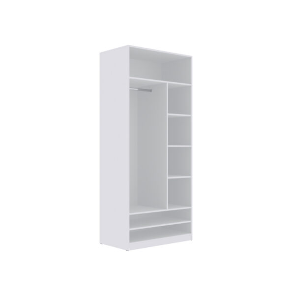 TRES 02 90 Open Wardrobe in white with adjustable shelves and metal rail.