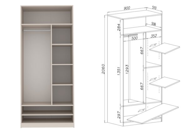 Modern TRES 02 doorless wardrobe showcasing spacious compartments