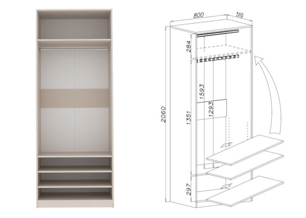 TRES 03 80 open wardrobe interior with adjustable shelves and metal clothes rail