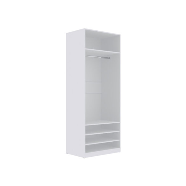 TRES 03 80 modular open wardrobe, white, with adjustable shelves and hanging rail.