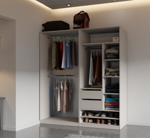 Versatile TRES 190cm open wardrobe with shelves, drawers, rails