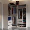 Modular Tres open corner wardrobe system with shelving and hanging rods