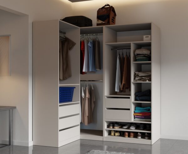 Modular Tres open corner wardrobe system with shelving and hanging rods
