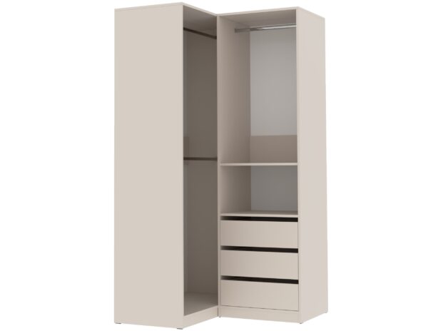 Tres open walk-in wardrobe corner unit with varied storage options