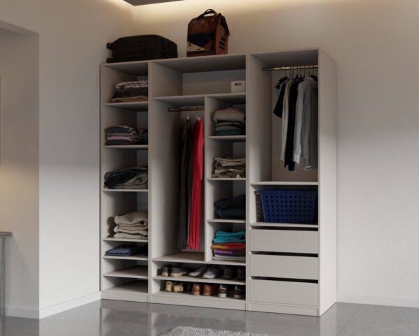 Wide Tres 150cm open wardrobe unit with multiple storage compartments
