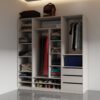 TRES 150 open wardrobe with multiple shelves, drawers, and rods