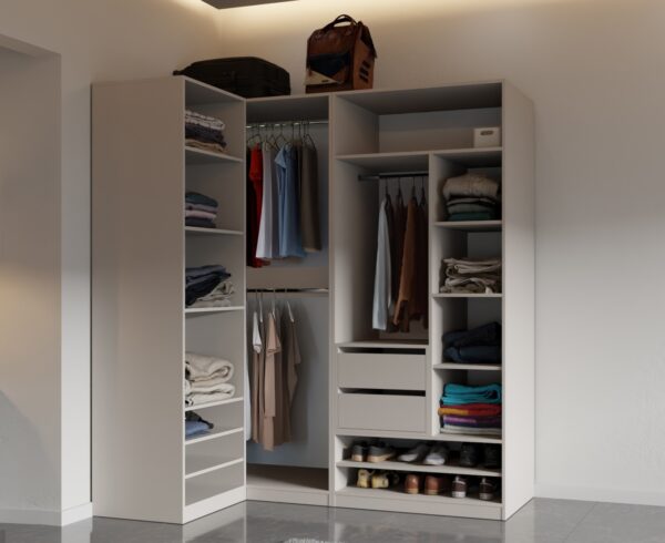 Large TRES corner wardrobe with ample shelves, drawers, rails