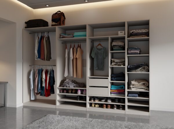 Expansive TRES 320cm open wardrobe with multiple compartments
