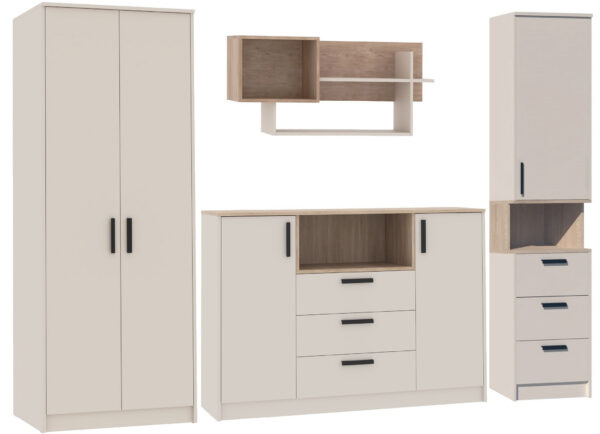 Full GRANT furniture system showcasing integrated wall shelf in a room.