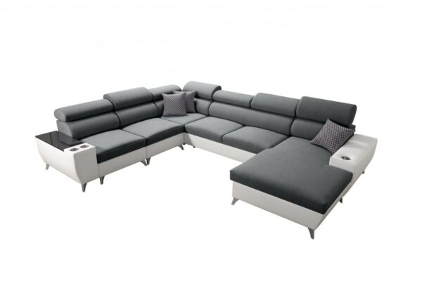 Close-up of MODIVO VIII sofa's adjustable headrest and fabric texture