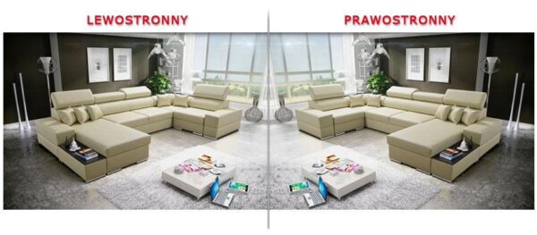 HERKULES MINI sofa, displaying various integrated wooden shelf color options.