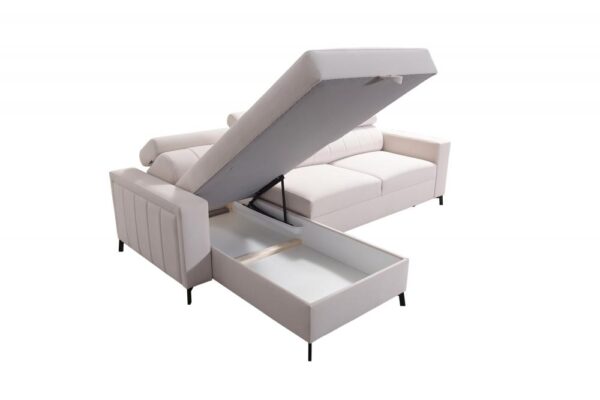 Baltico I Mini corner sofa with storage compartment open.