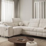 DAFNE II corner sofa in elegant grey fabric, adjustable headrests.